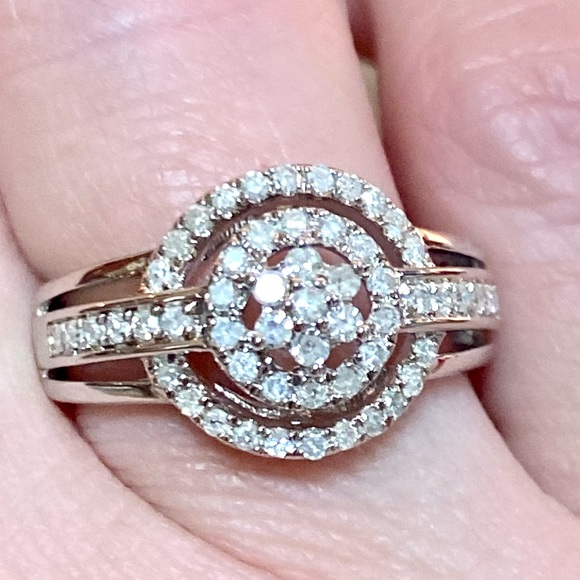 Genuine 1 Carat Diamond Flower Cluster Double Halo Ring ~ Triple Band Ring - Picture 5 of 15